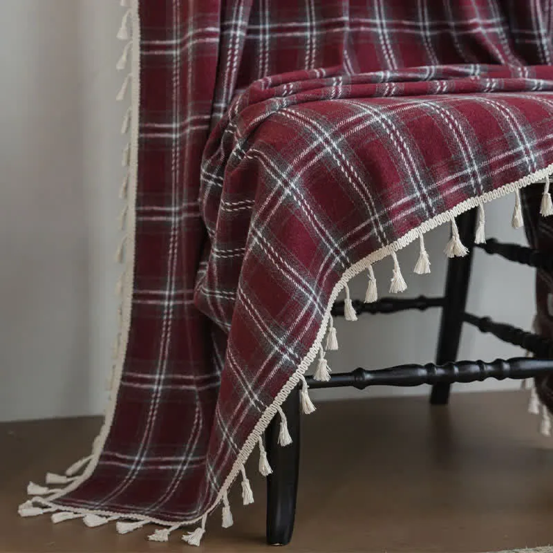 Vorhang im Vintage-Stil, burgunderrot kariert, mit Quasten