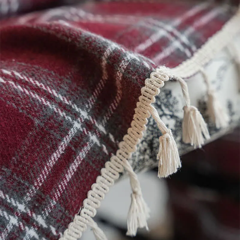 Vorhang im Vintage-Stil, burgunderrot kariert, mit Quasten