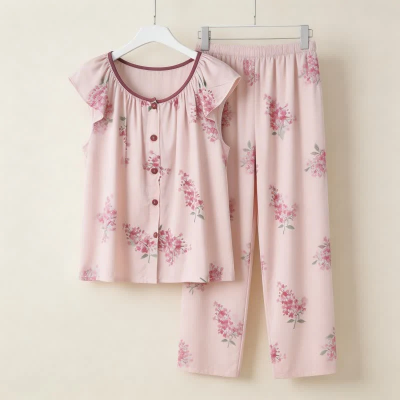 Pyjama mit Blumenmuster, flatternden Ärmeln und Knopfleiste