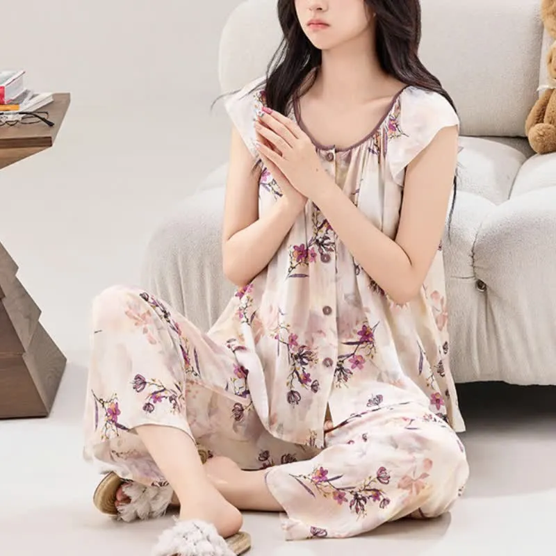 Loungewear-Set mit Knopfleiste in Pfirsichblüten-Optik