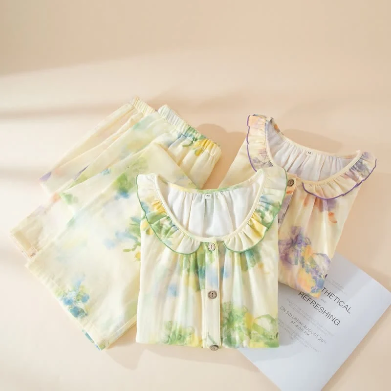 Pyjama-Set aus Baumwollgaze mit Blumenmuster und Rüschen