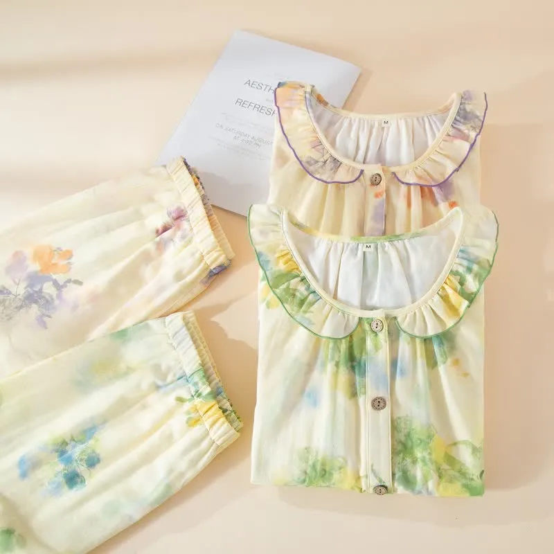 Pyjama-Set aus Baumwollgaze mit Blumenmuster und Rüschen