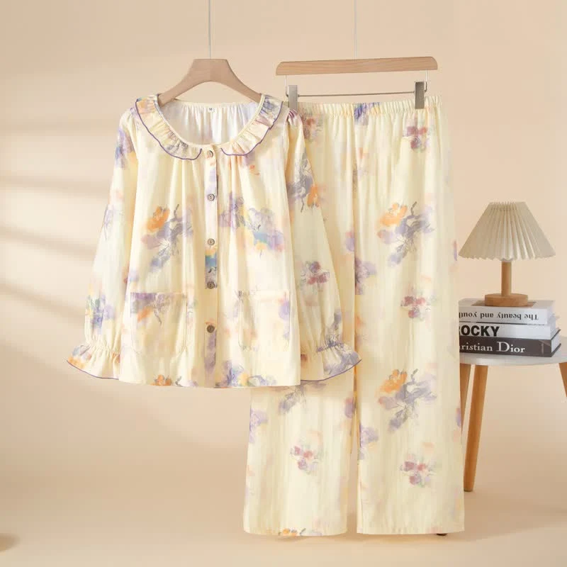 Pyjama-Set aus Baumwollgaze mit Blumenmuster und Rüschen