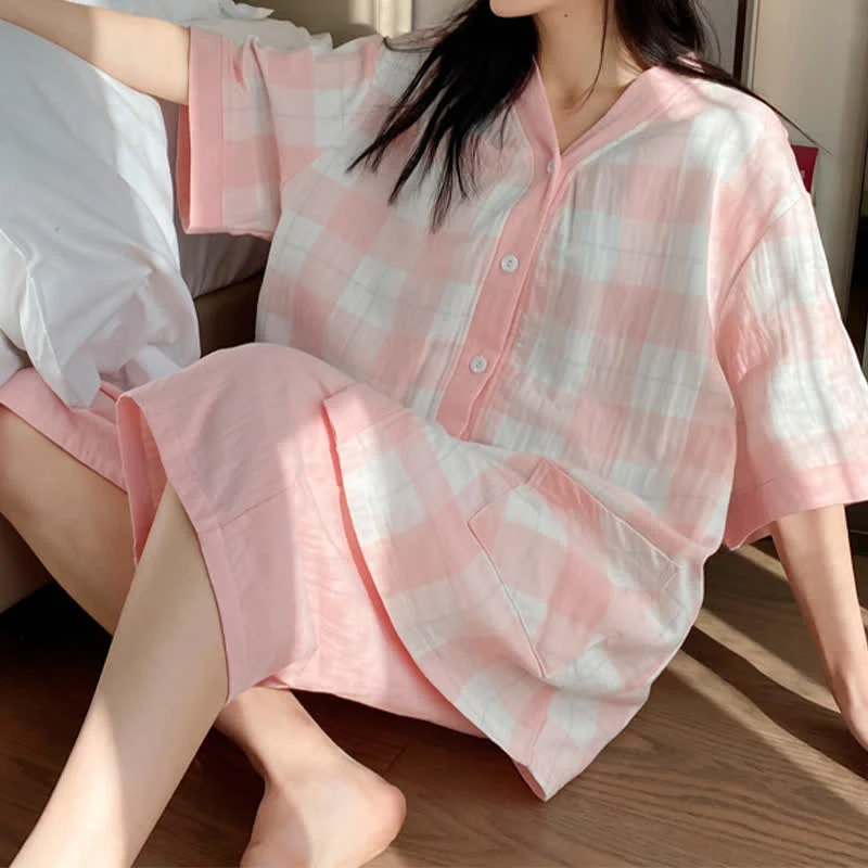 Pyjama-Set aus kariertem Baumwollgaze mit Knopfleiste