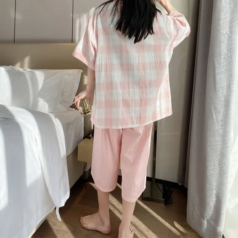Pyjama-Set aus kariertem Baumwollgaze mit Knopfleiste