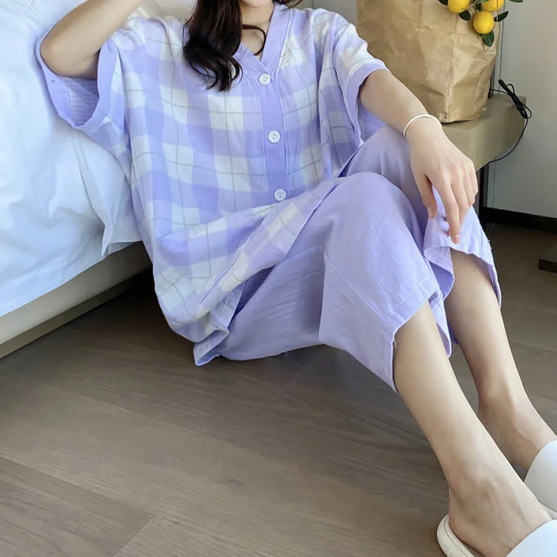 Pyjama-Set aus kariertem Baumwollgaze mit Knopfleiste