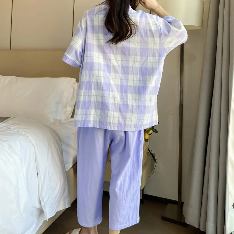 Pyjama-Set aus kariertem Baumwollgaze mit Knopfleiste
