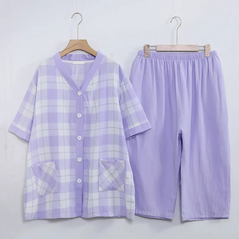 Pyjama-Set aus kariertem Baumwollgaze mit Knopfleiste