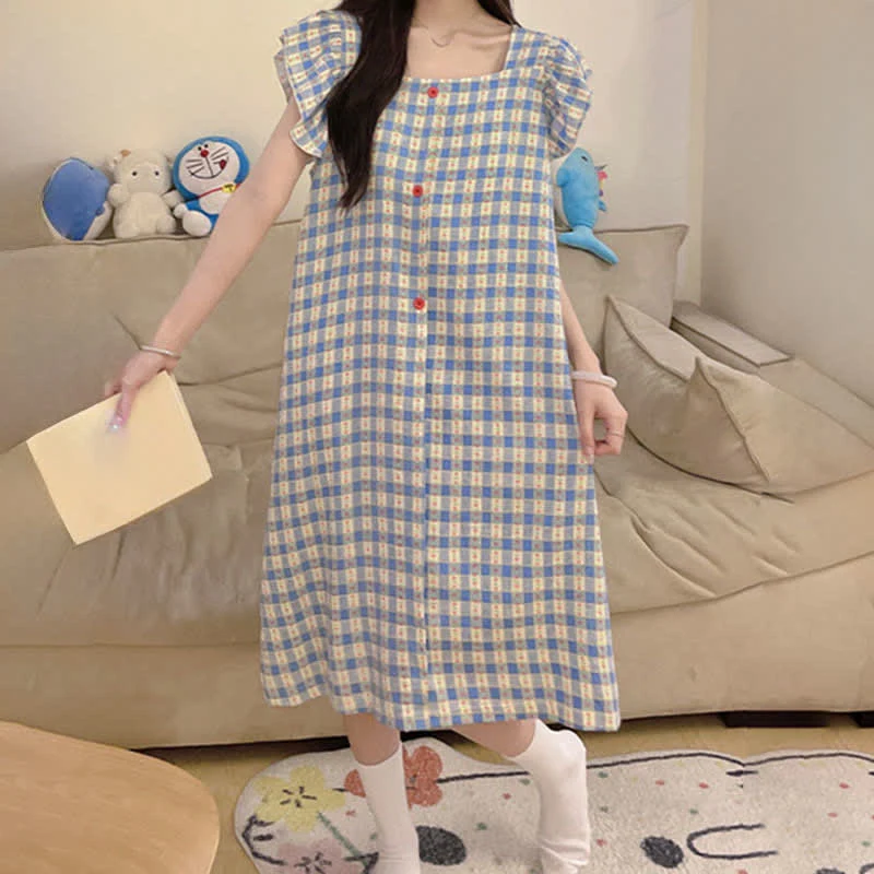 Ärmelloses Lounge-Kleid in Blau mit Vichy-Karo