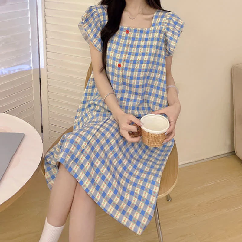 Ärmelloses Lounge-Kleid in Blau mit Vichy-Karo