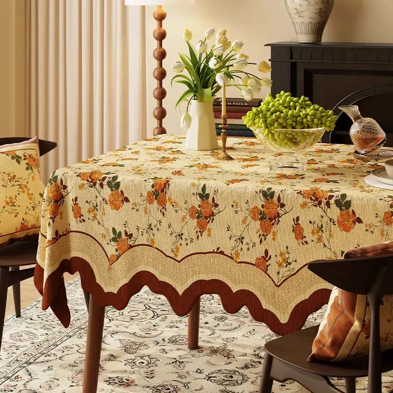 Vintage Tischdecke aus Baumwoll-Leinen mit monatlicher Rosenmuster