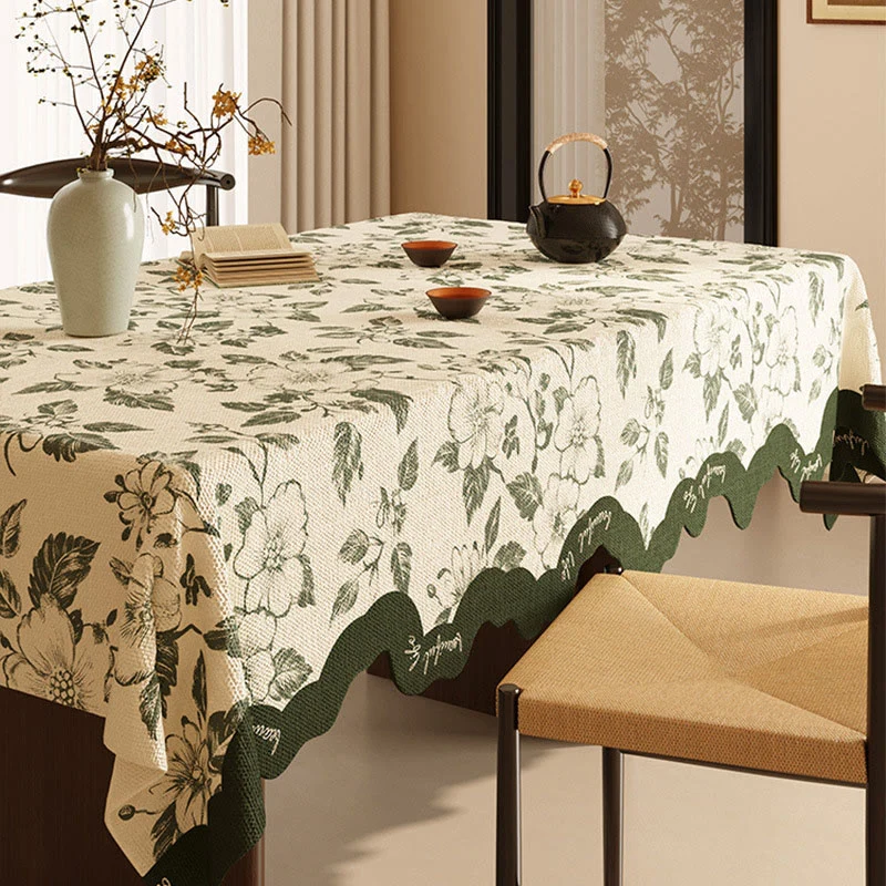 Vintage grüne Tischdecke aus Baumwollleinen mit Blumenmuster