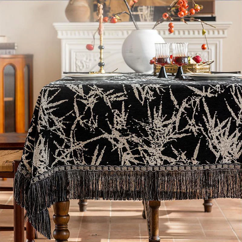 Vintage-Tischdecke aus Bambus-Jacquard mit Quasten