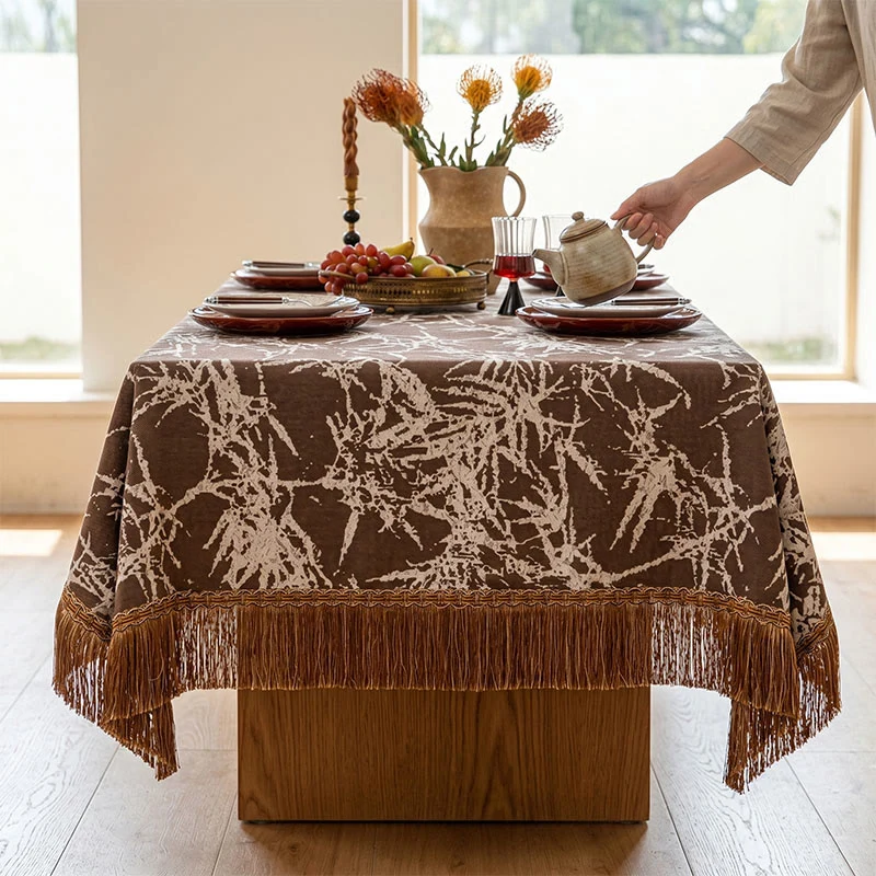 Vintage-Tischdecke aus Bambus-Jacquard mit Quasten