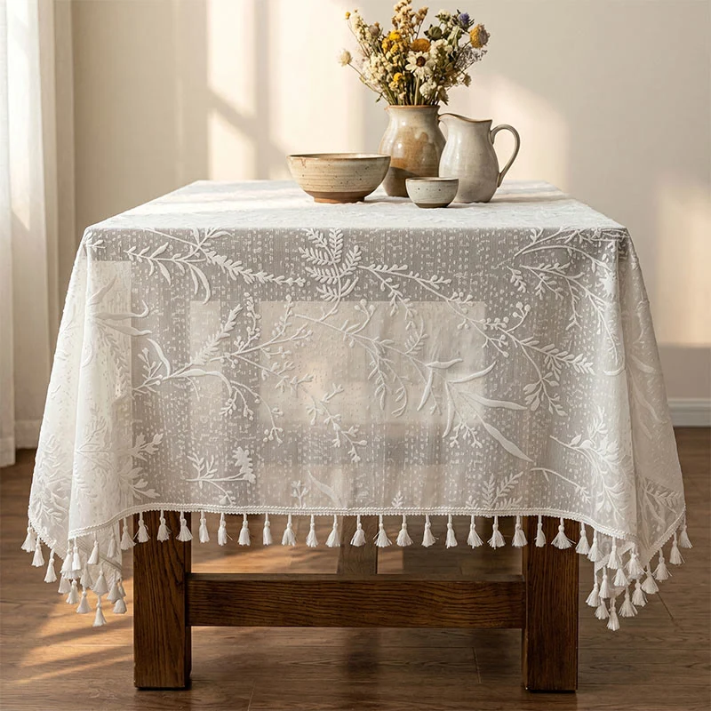 Romantische Tischdecke mit Blumenmuster, Blattspitze und Quasten