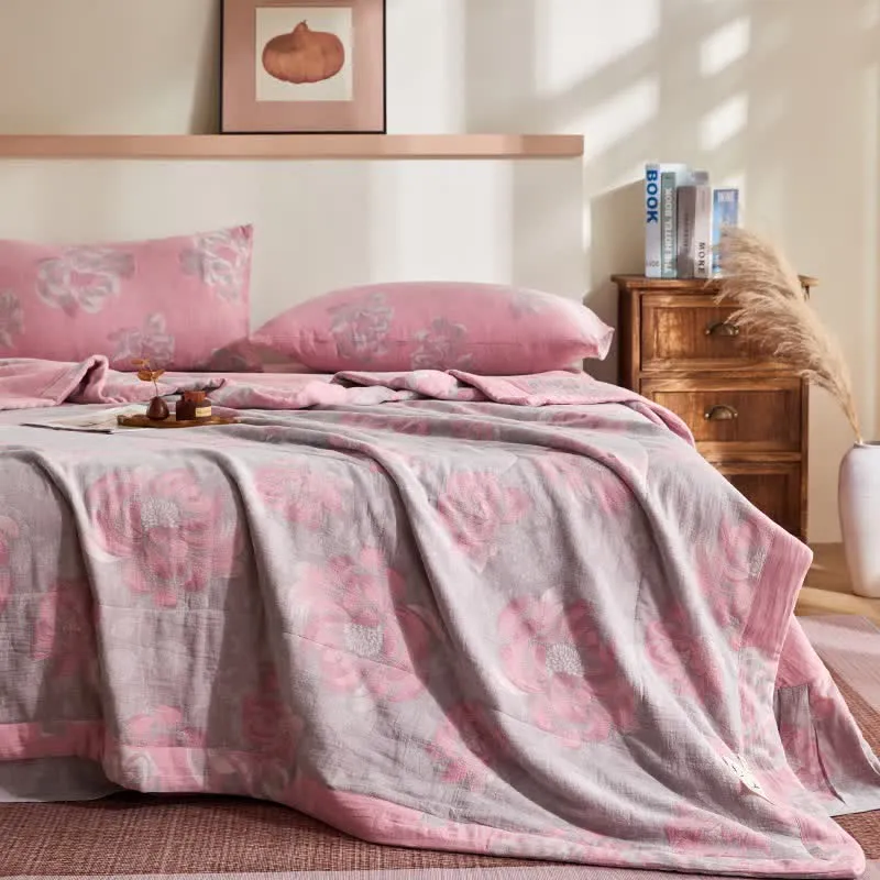 Rustikale Jacquard-Steppdecke aus Baumwollgaze mit Blumenmuster