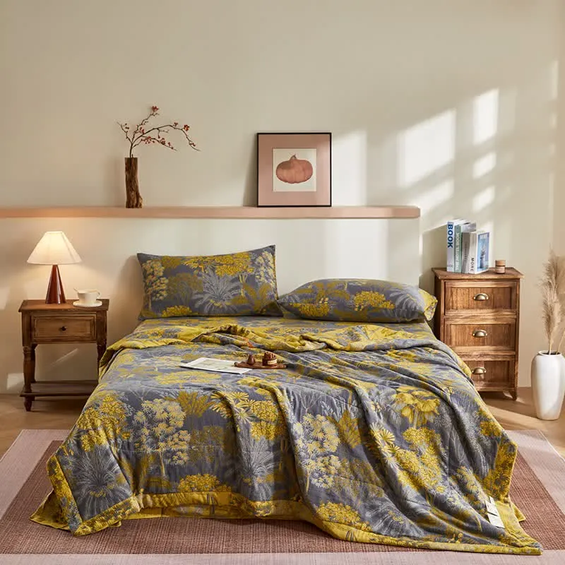 Jacquard-Steppdecke aus Baumwollgaze mit botanischem Baummuster