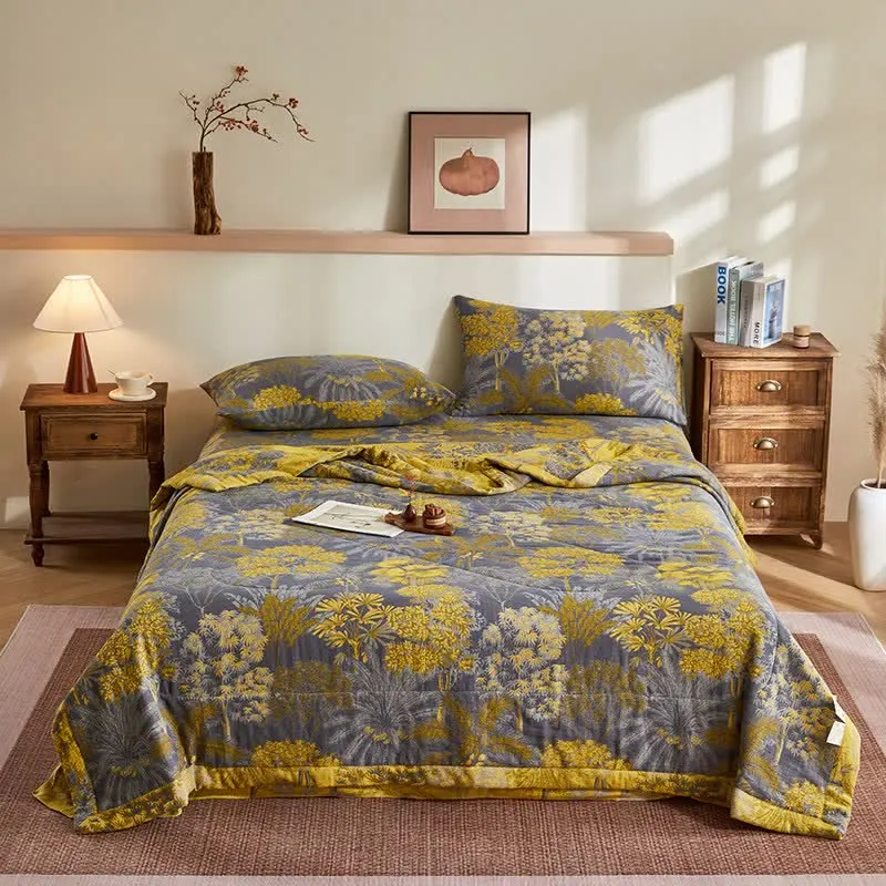 Jacquard-Steppdecke aus Baumwollgaze mit botanischem Baummuster