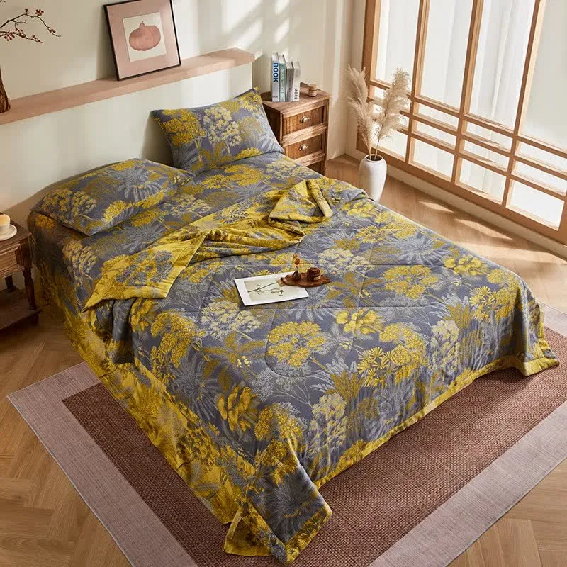 Jacquard-Steppdecke aus Baumwollgaze mit botanischem Baummuster