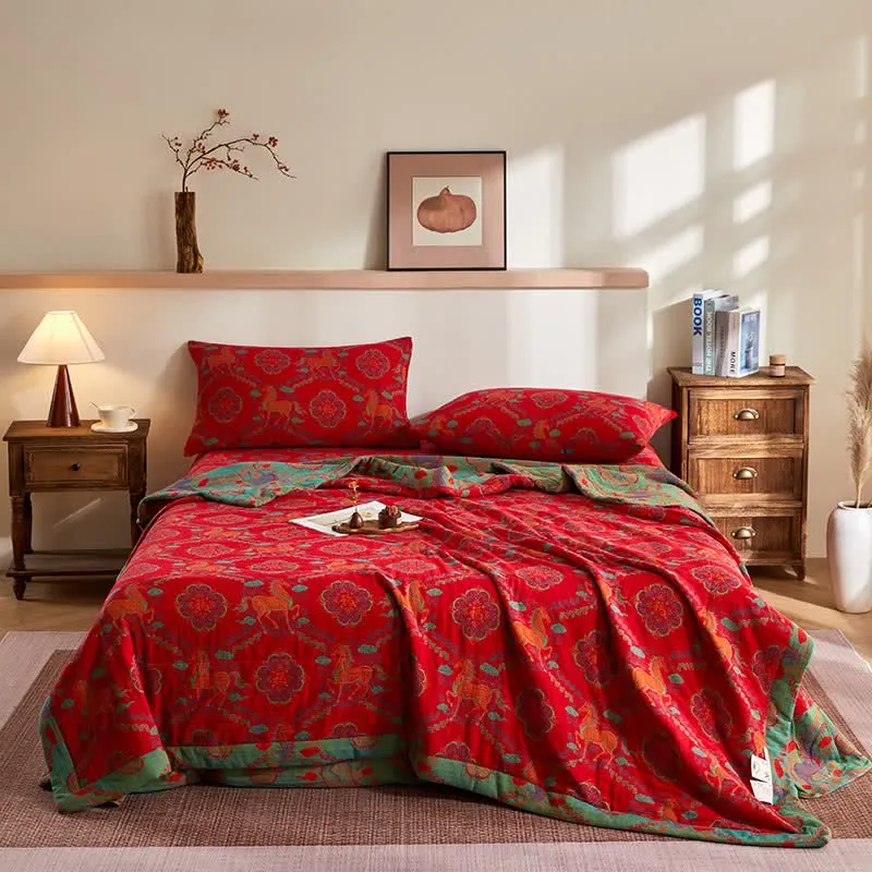 Vintage-Pferde-Jacquard-Steppdecke aus Baumwollgaze