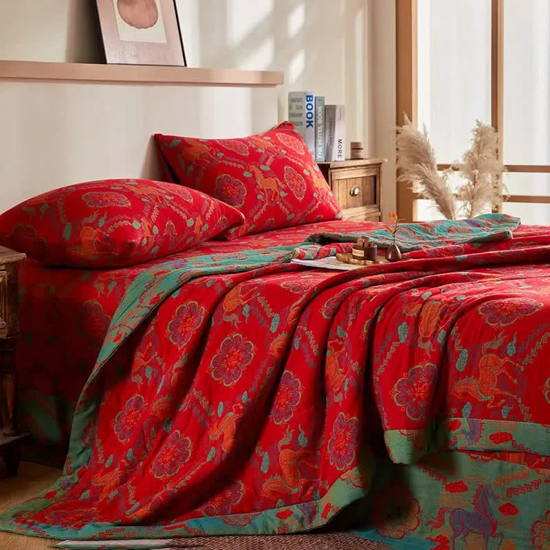 Vintage-Pferde-Jacquard-Steppdecke aus Baumwollgaze