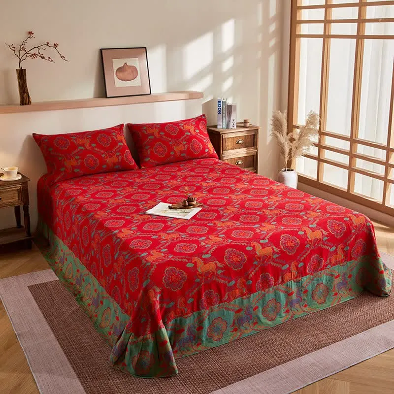 Vintage-Pferde-Jacquard-Steppdecke aus Baumwollgaze