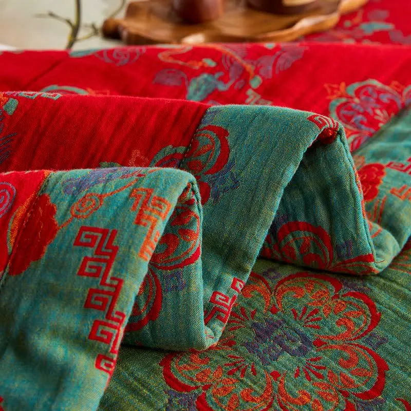 Vintage-Pferde-Jacquard-Steppdecke aus Baumwollgaze
