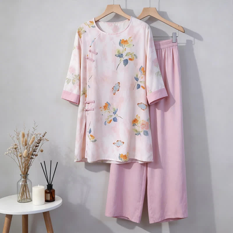 Loungewear-Set mit Schmetterlings- und Blumenmuster im orientalischen Stil