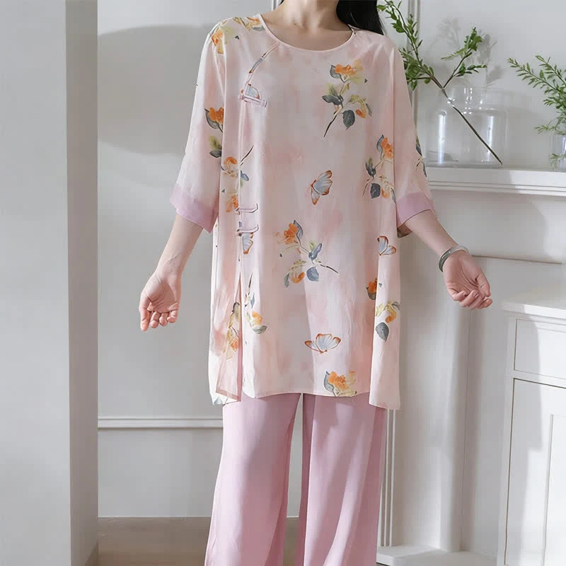 Loungewear-Set mit Schmetterlings- und Blumenmuster im orientalischen Stil