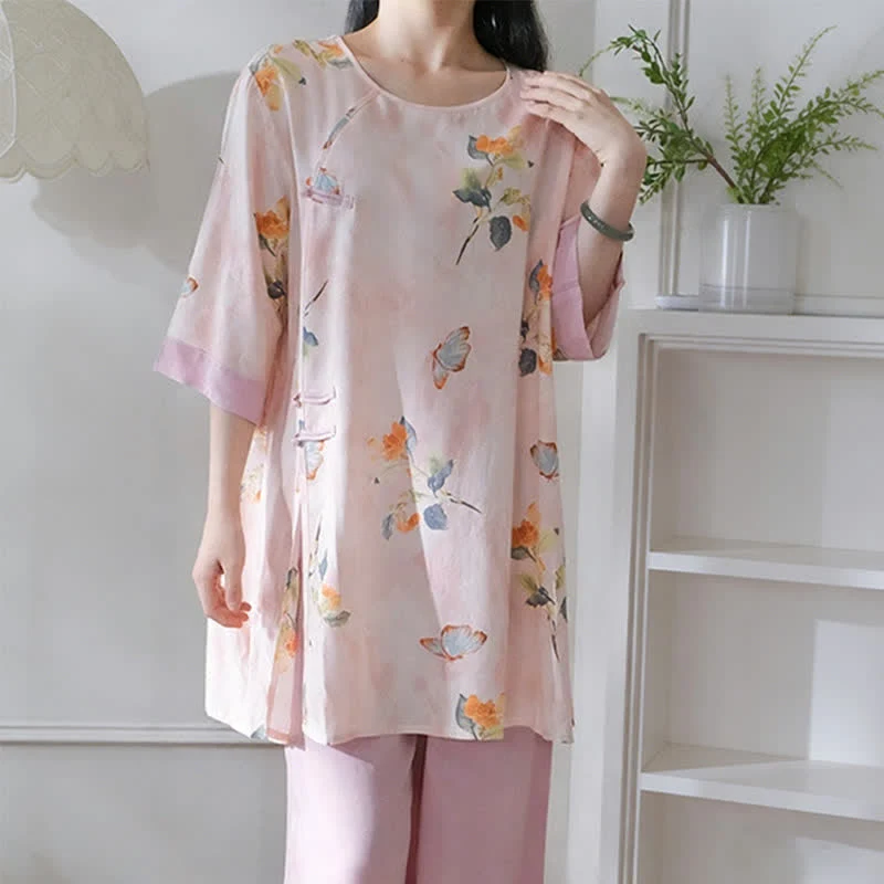 Loungewear-Set mit Schmetterlings- und Blumenmuster im orientalischen Stil