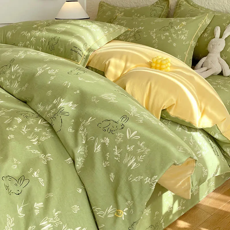 Bettwäsche-Set aus gebürsteter Baumwolle mit Hasen- und Blattmotiven