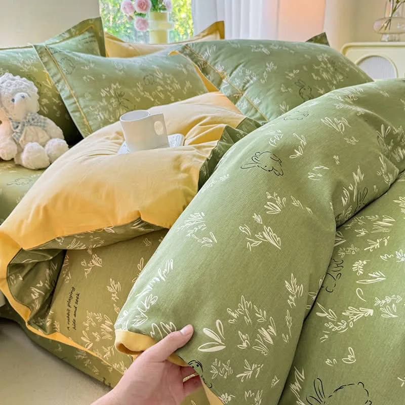 Bettwäsche-Set aus gebürsteter Baumwolle mit Hasen- und Blattmotiven