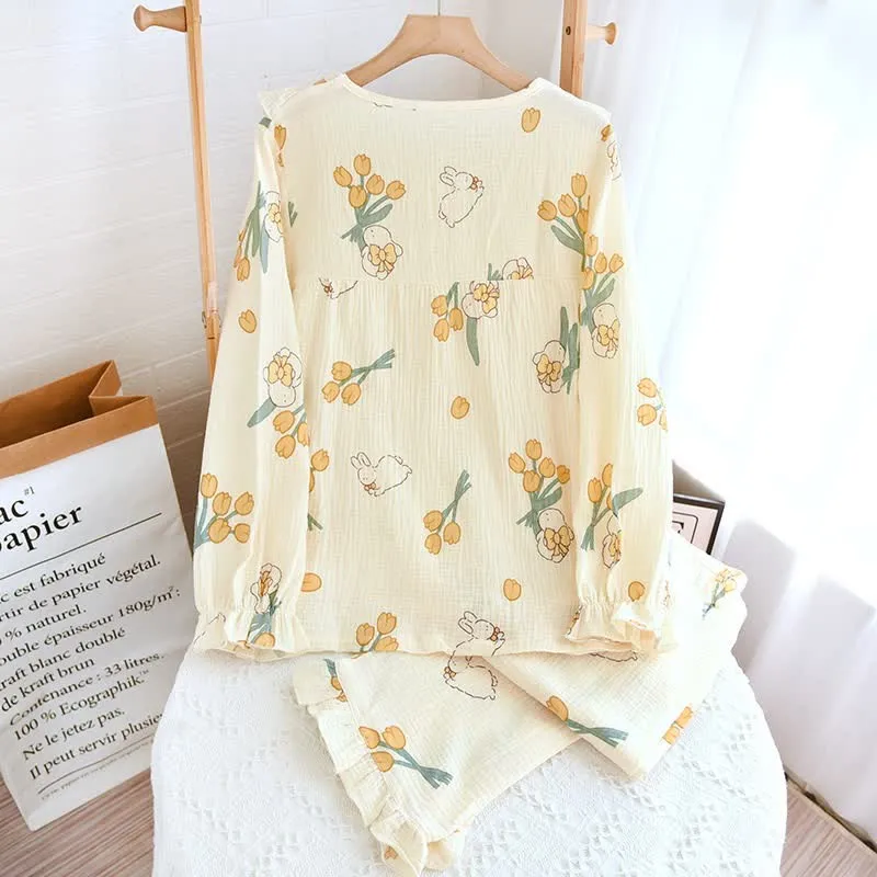 Tulpen- und Hasen-Pyjama-Set aus Baumwollgaze