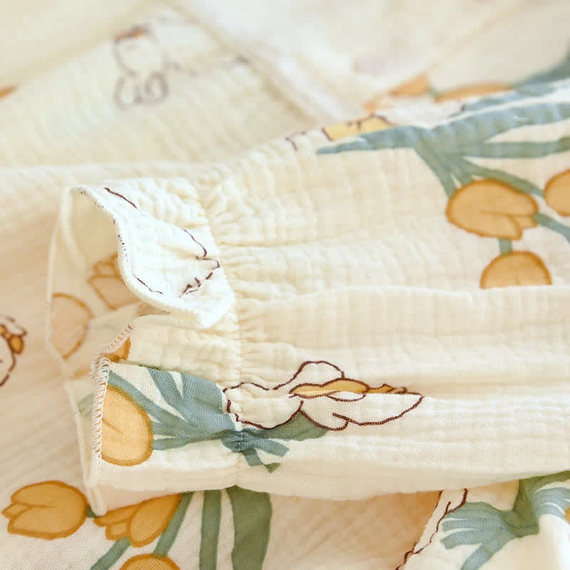 Tulpen- und Hasen-Pyjama-Set aus Baumwollgaze