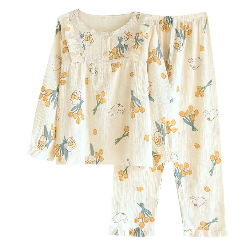 Tulpen- und Hasen-Pyjama-Set aus Baumwollgaze