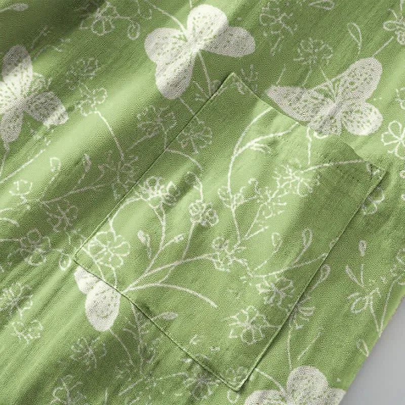 Kimono-Bademantel aus doppellagigem Baumwollgewebe mit grünem Schmetterlingsmuster