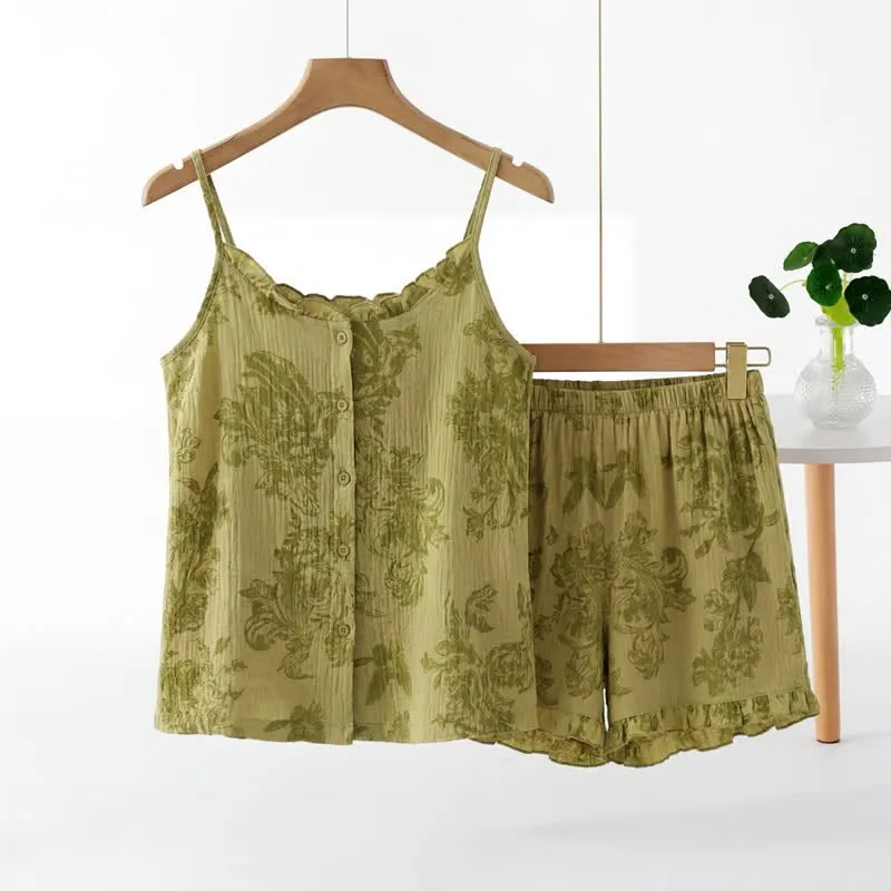 Vintage-Pyjama-Set mit grünem Blattmuster, ärmellos