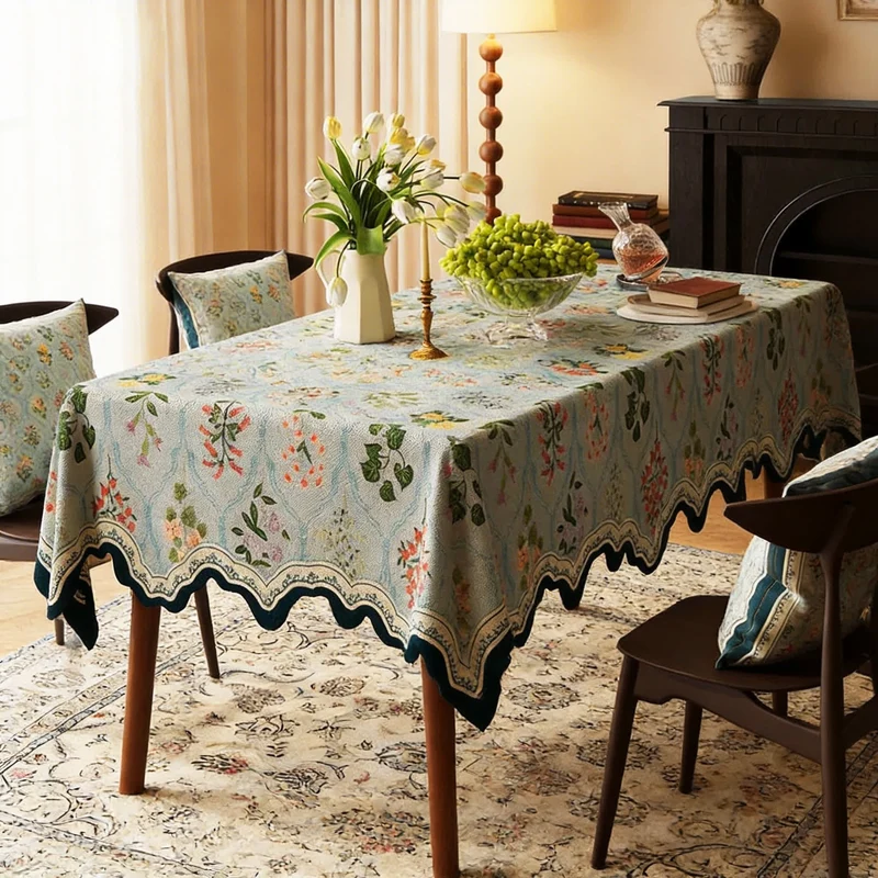 Tischdecke mit botanischem Blumenmuster und gewelltem Rand