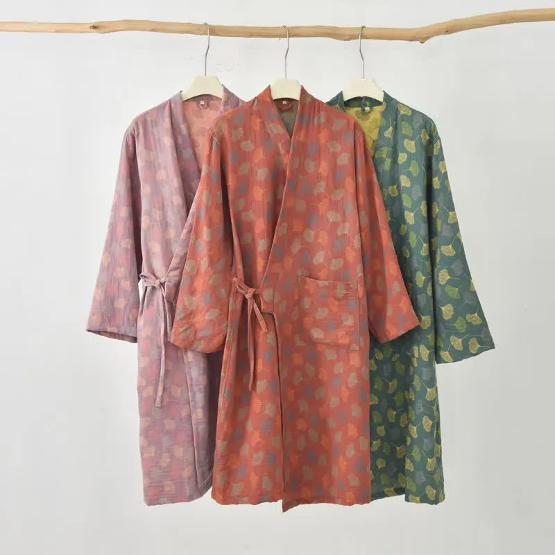 Ginkgoblatt-Baumwollgaze-Yukata-Robe