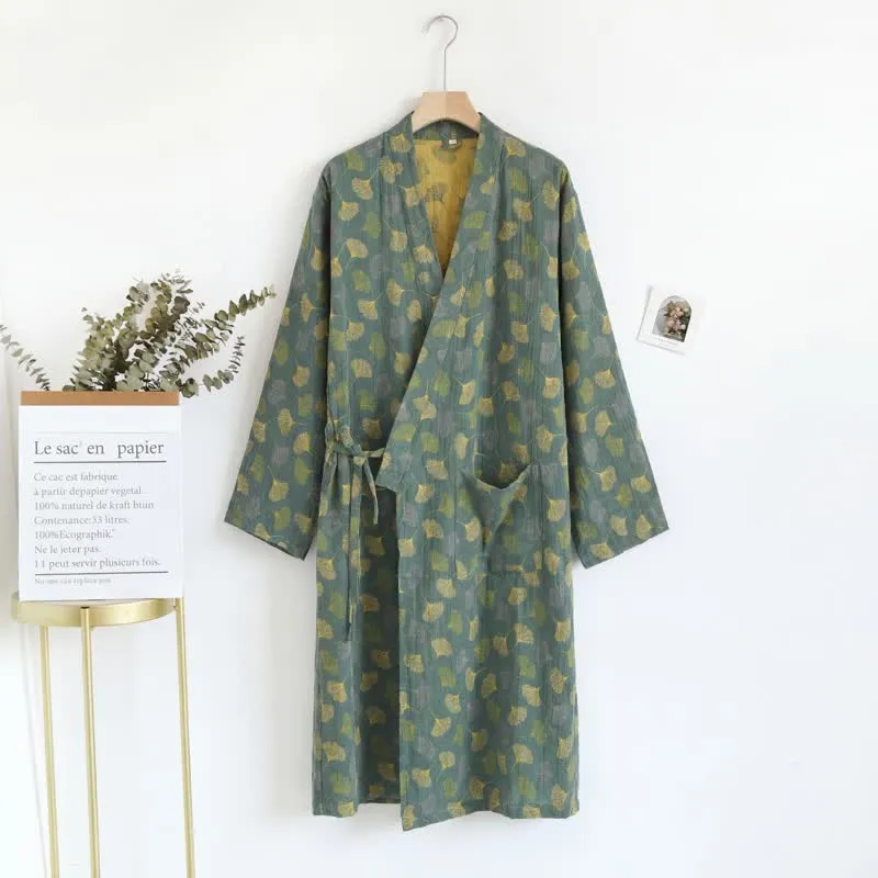 Ginkgoblatt-Baumwollgaze-Yukata-Robe