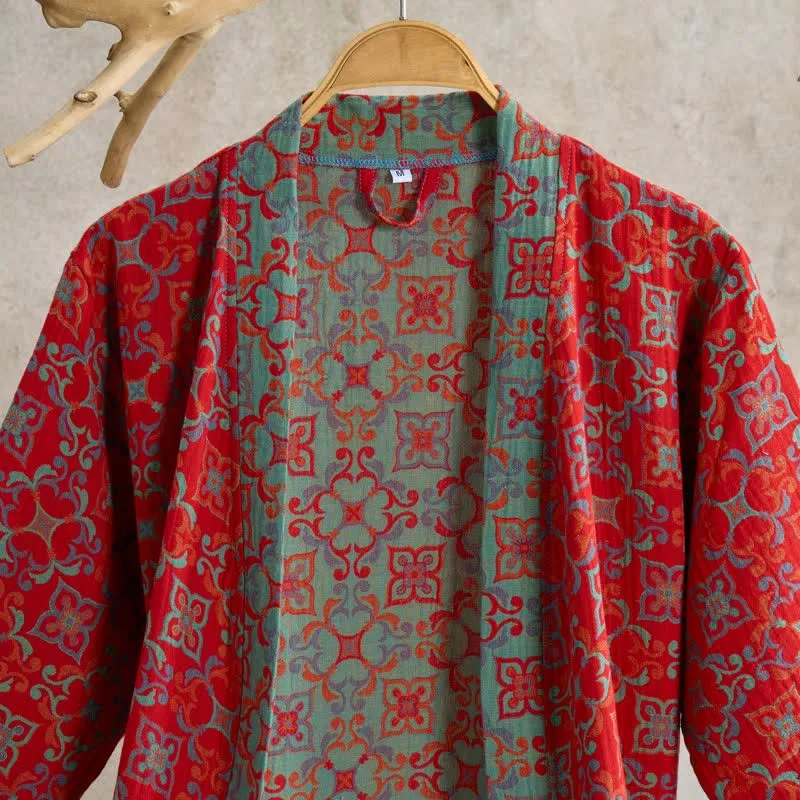 Kurzärmeliger Baumwollbademantel mit Vintage-Muster