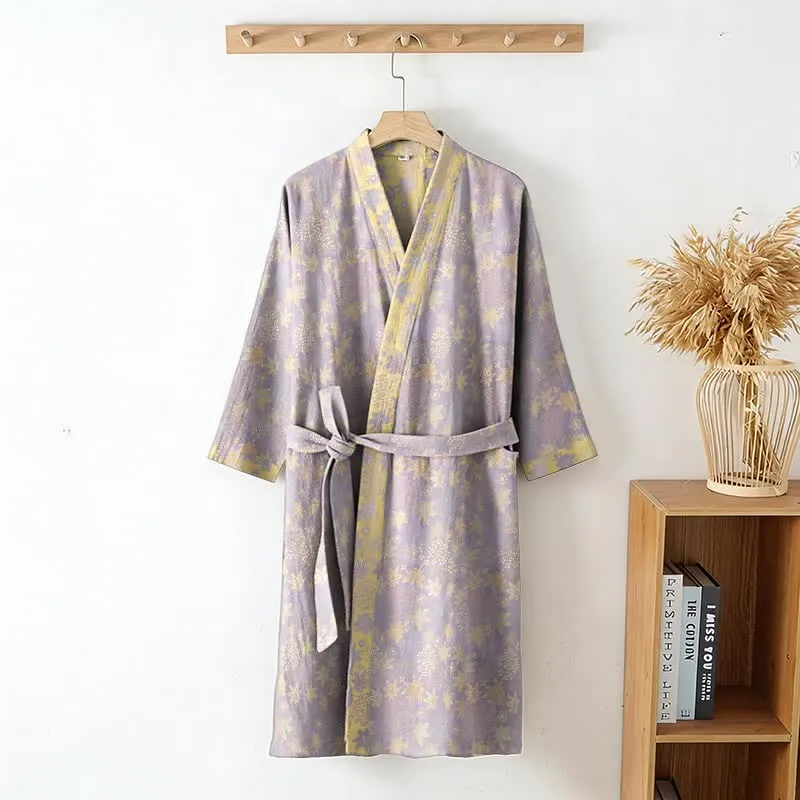 Kimono-Bademantel aus doppellagigem, botanischem Baumwollgewebe
