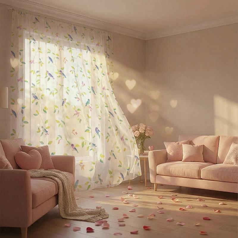 Vorhang im Landhausstil mit Vogel- und Blättermotiv