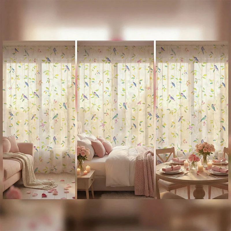 Vorhang im Landhausstil mit Vogel- und Blättermotiv