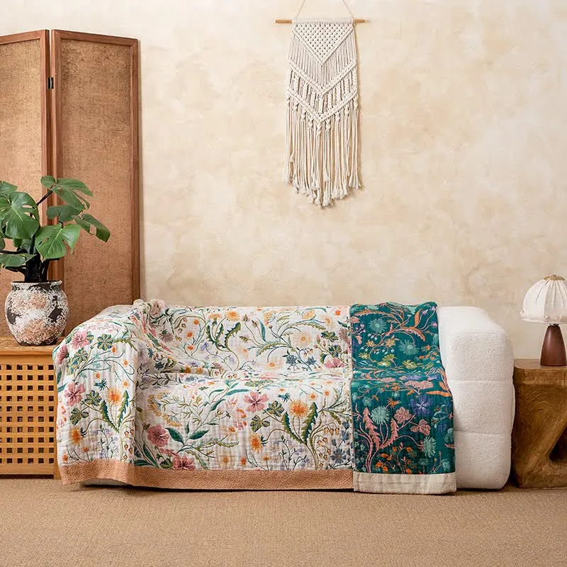 Botanische Blumenmuster-Steppdecke aus reiner Baumwolle
