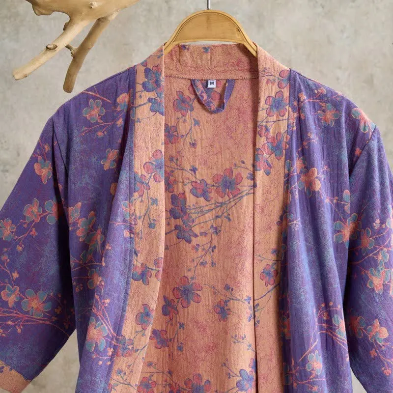 Kurzarm-Baumwollbademantel mit Zweig- und Blumenmuster