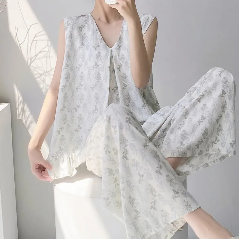 Elegantes Pyjama-Set mit Blättermuster: Tanktop und Hose