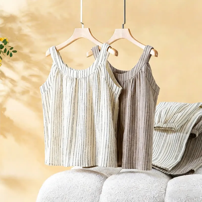 Minimalistisches gestreiftes ärmelloses Baumwoll-Pyjama-Set