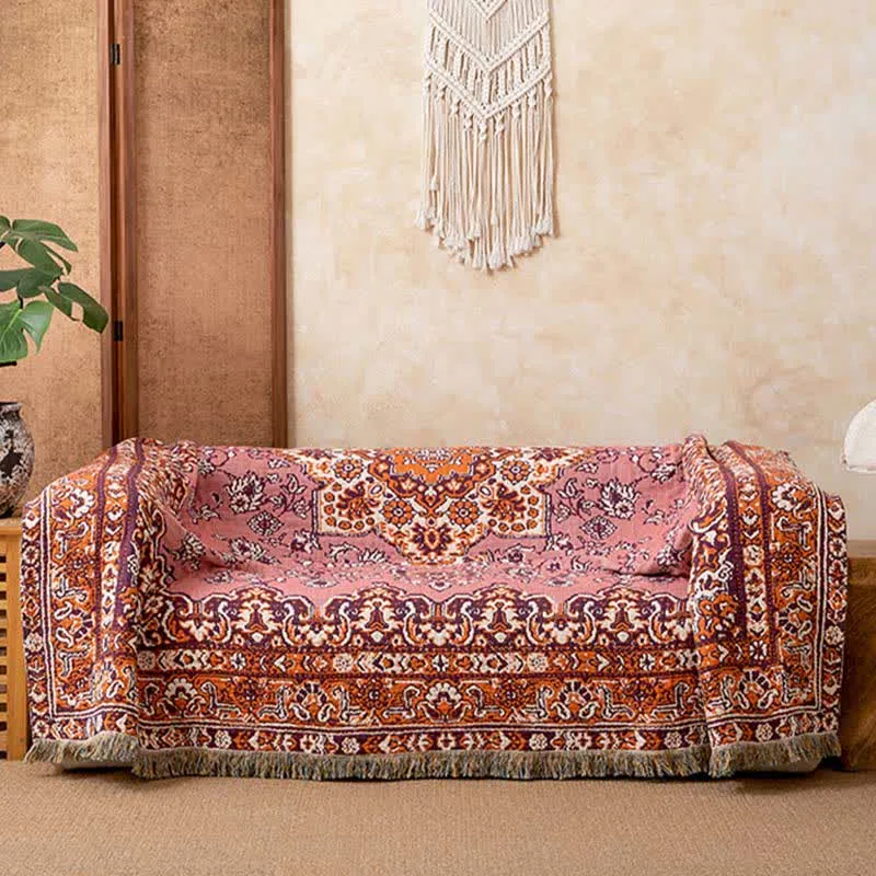 Vintage-Sofadecke aus Baumwolle mit Blumenmuster und Quasten
