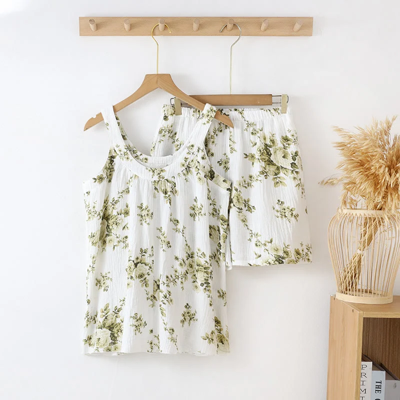 Ärmelloser Pyjama-Set aus Baumwollgaze mit Pfingstrosenmuster
